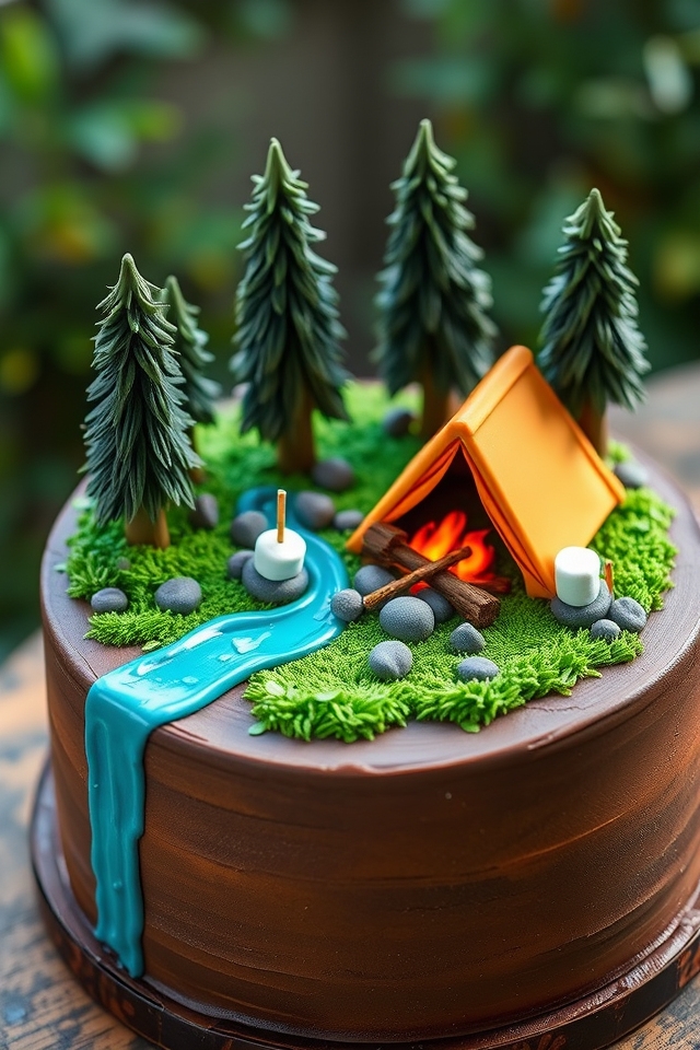 forest tent campfire cake