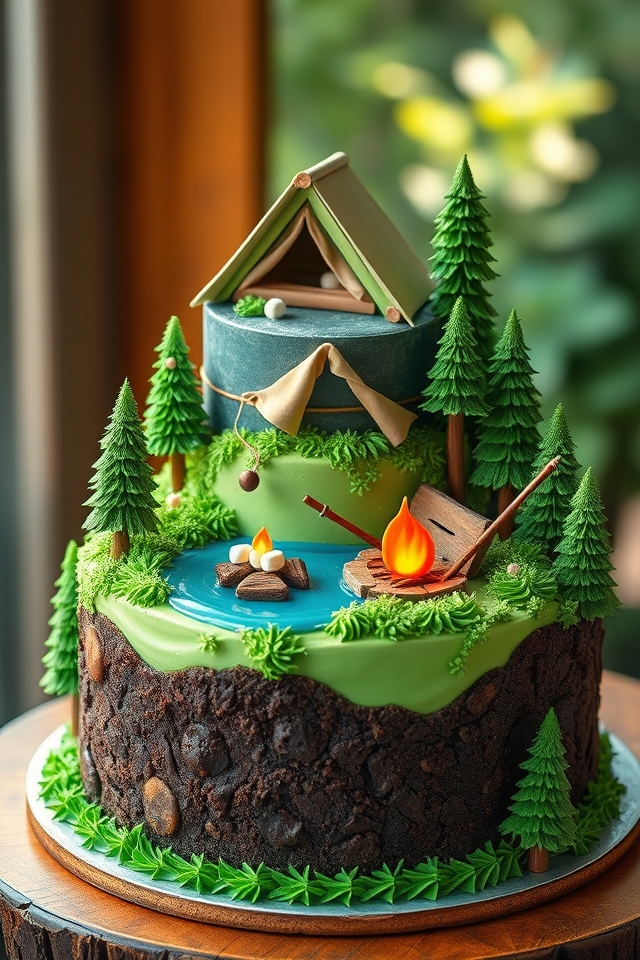 forest tent campfire lake
