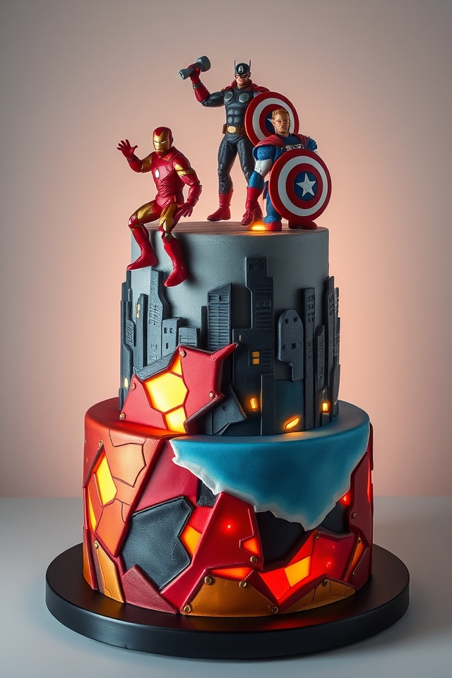 multi tiered avengers action cake