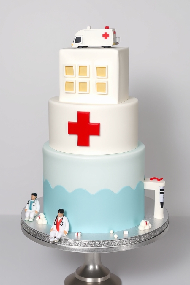 multi tiered hospital scene cake