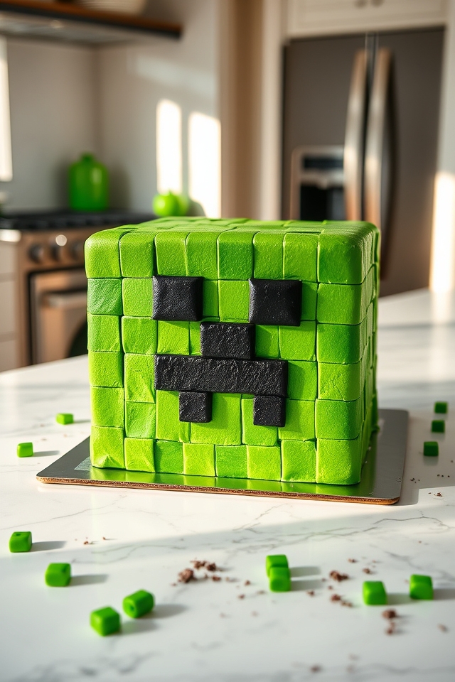 pixelated green creeper cake