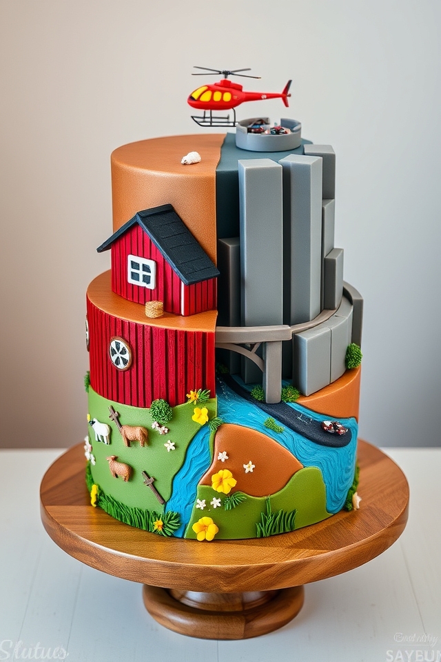 rustic farm cityscape contrast