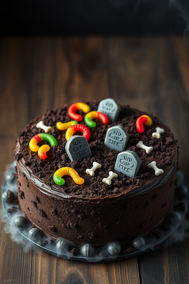 spooky graveyard gummi cake