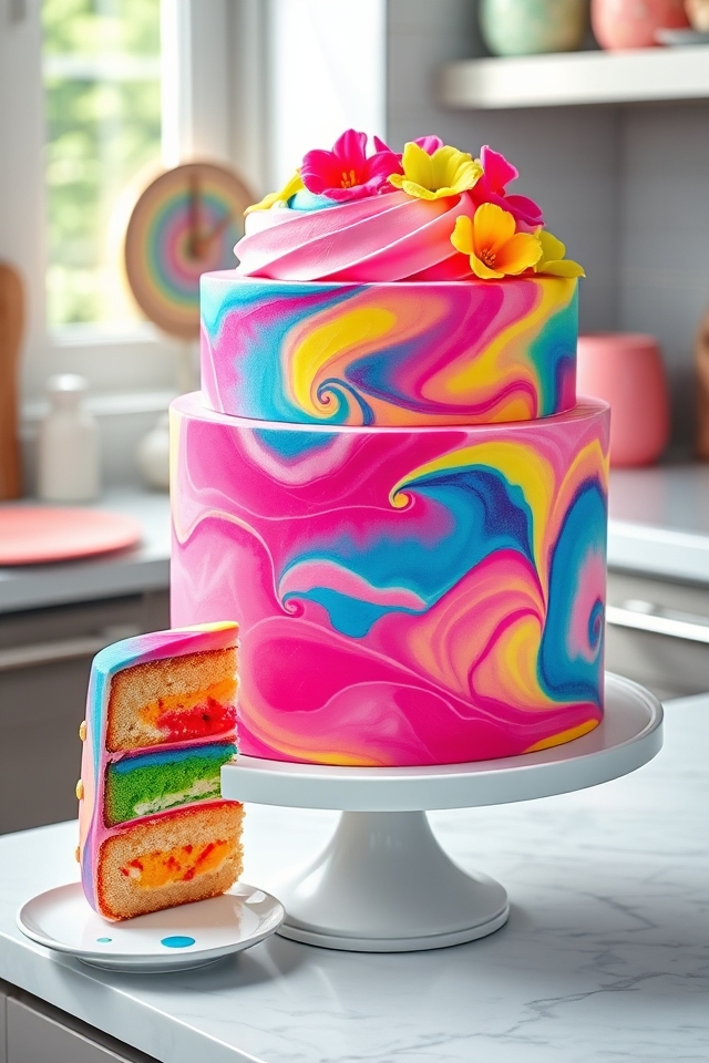 vibrant tie dye swirl cake