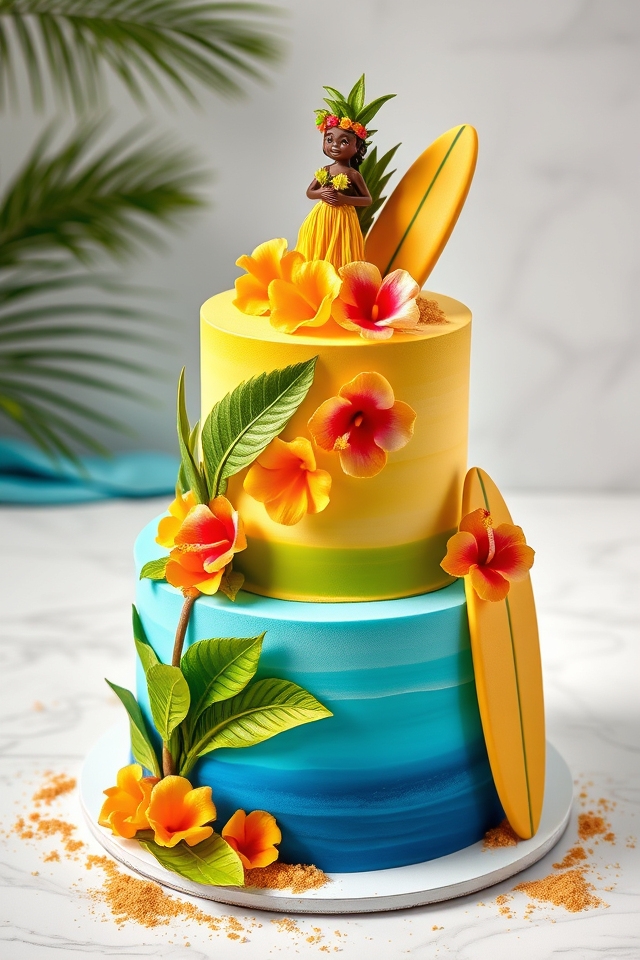 vibrant tropical getaway cake