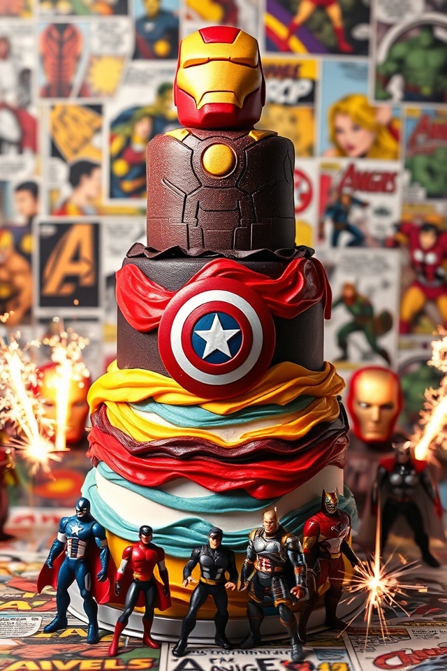 superhero themed layer cake