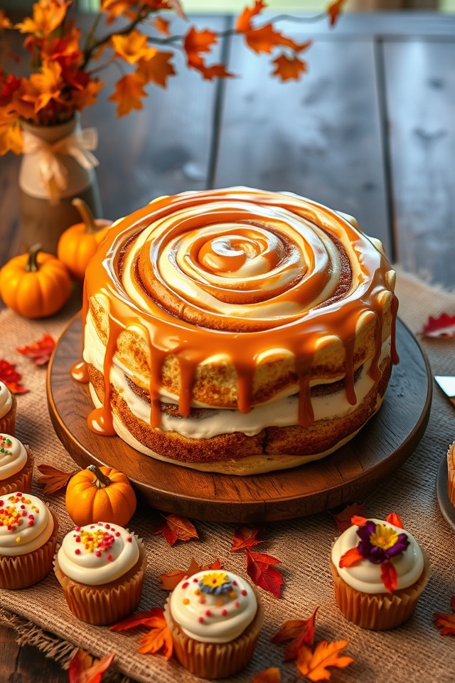 autumn inspired cinnamon roll cake
