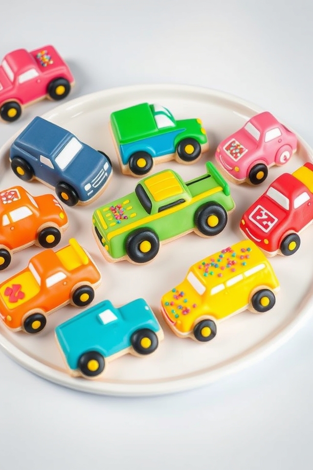 colorful car shaped birthday cookies