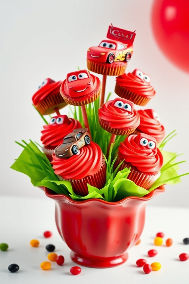 mcqueen cupcake bouquet centerpiece