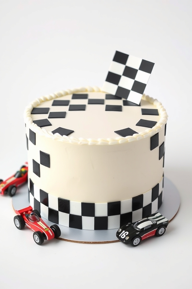 racing themed checkered flag cake