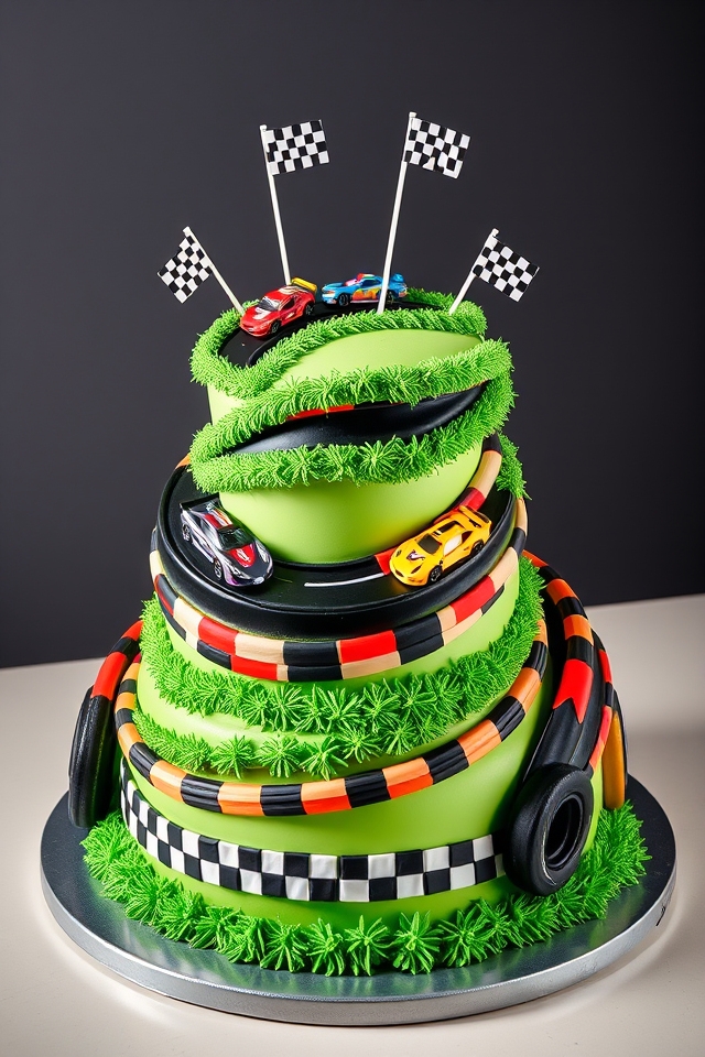 racing themed multi tiered cake