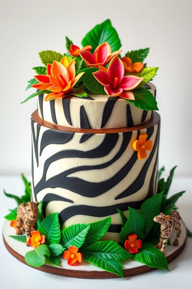 vibrant jungle themed cake