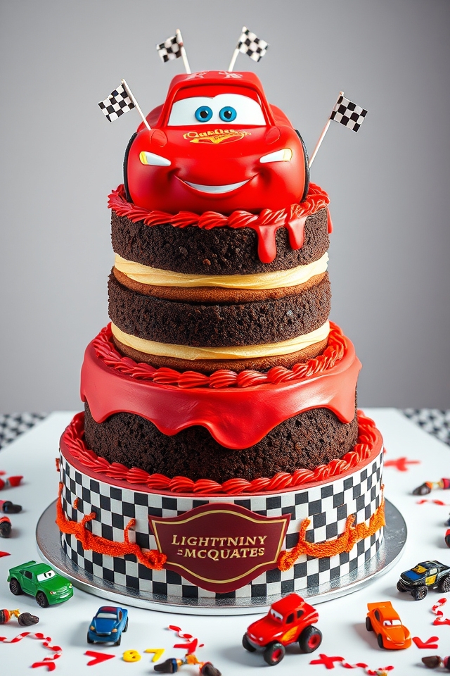 vibrant mcqueen themed layer cake